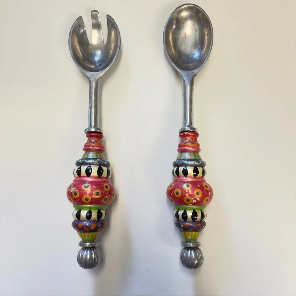 SouthCoast Folk Painted Handles Stainless Steel Salad Servers 12.5